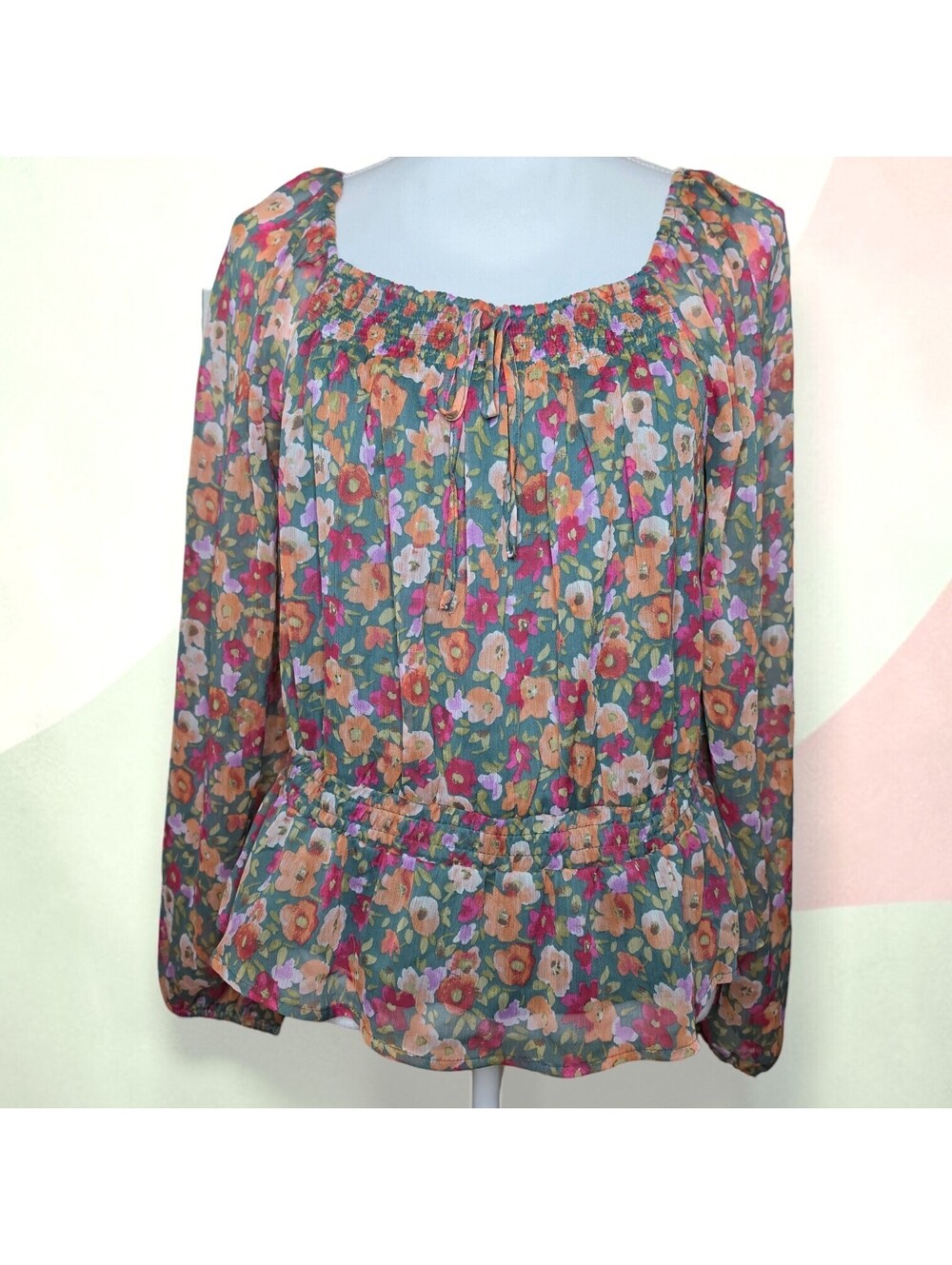 NEW Large Lauren Conrad Floral Peasant Blouse Womens Teal Pink Boho Long Sleeve